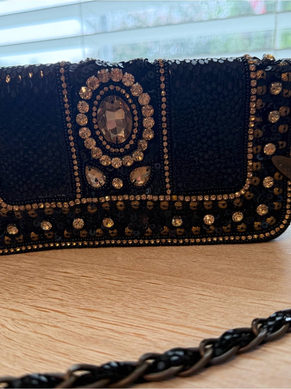 Mary Frances Black Beaded Rhinestone Crossbody Clutch Evening Bag Tassel